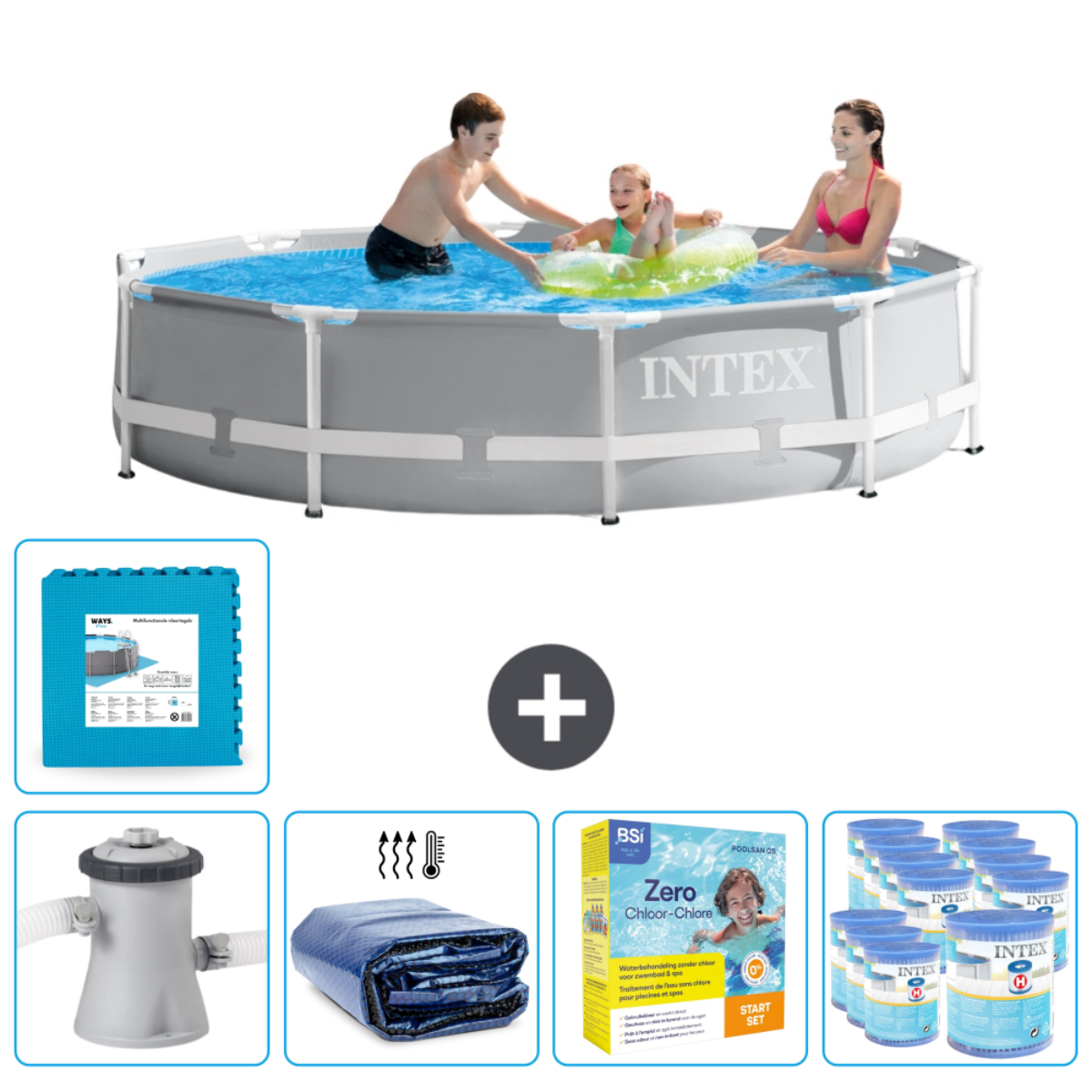 Une piscine Intex grise avec des personnes, des tapis, une pompe, une couverture, des produits chimiques et un filtre.
