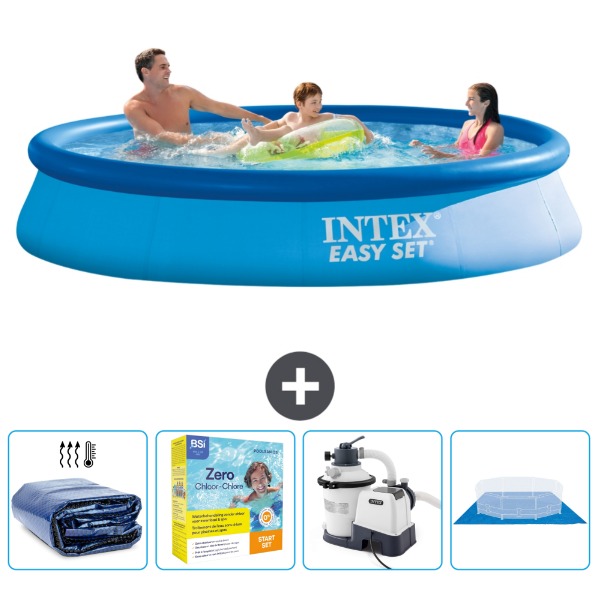 Inflatable blue pool with three people, pool cover, and cleaning supplies.