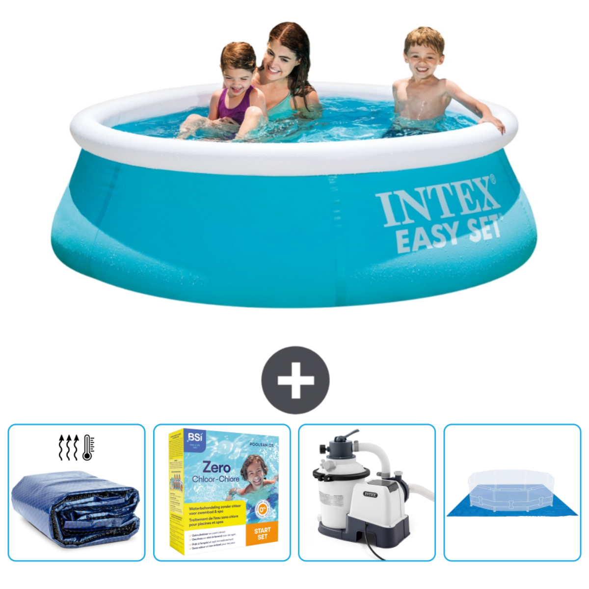 Round blue pool with people, accessories in the bottom. Intex Easy Set.