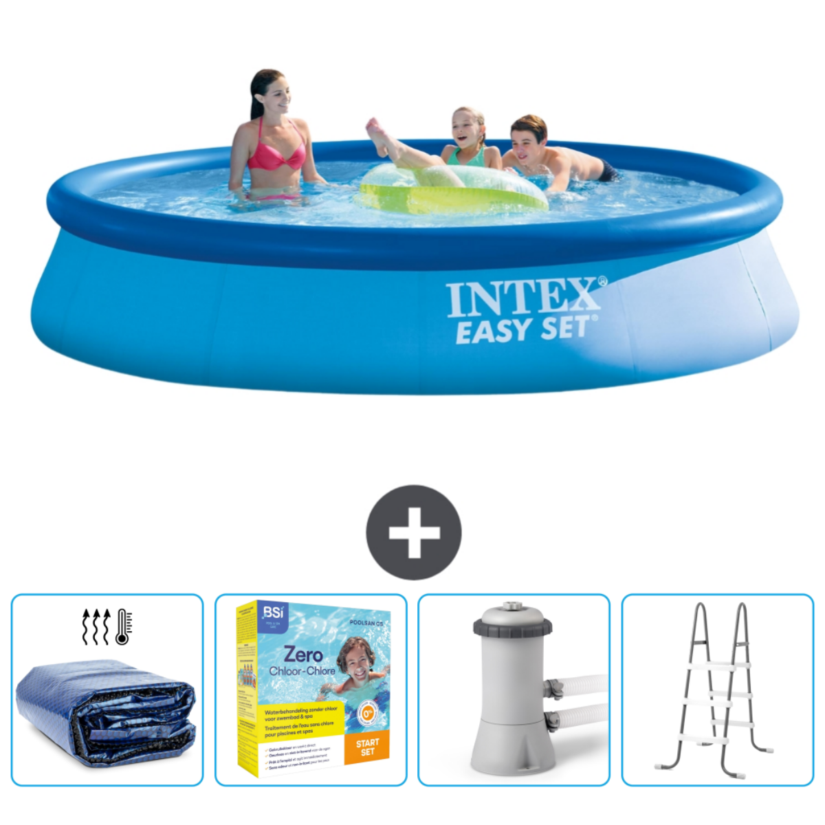 Trois personnes dans une piscine bleue avec accessoires. La piscine est ronde avec la marque INTEXT EASY SET.