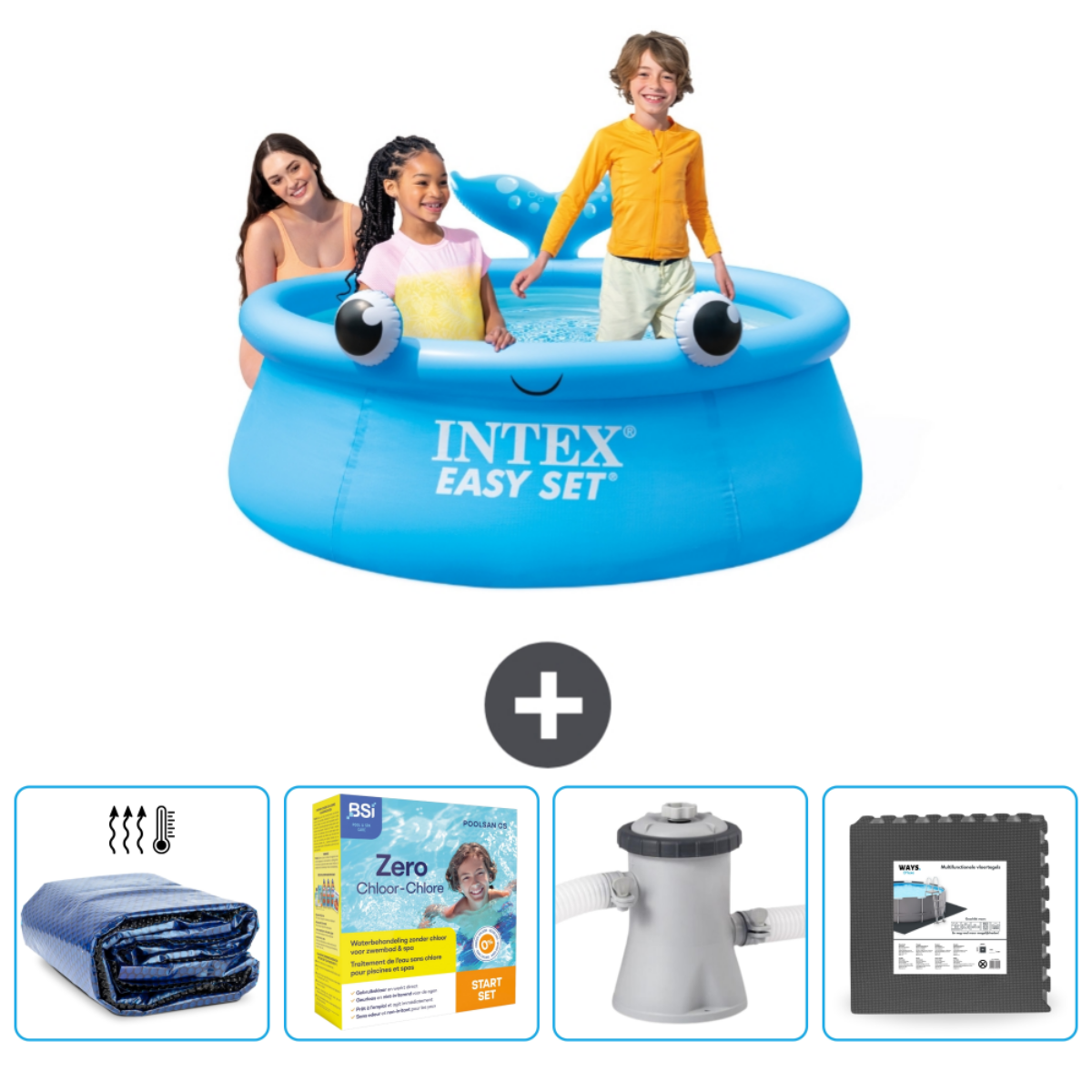 Children in a blue pool with accessories. In the background, equipment and cover.