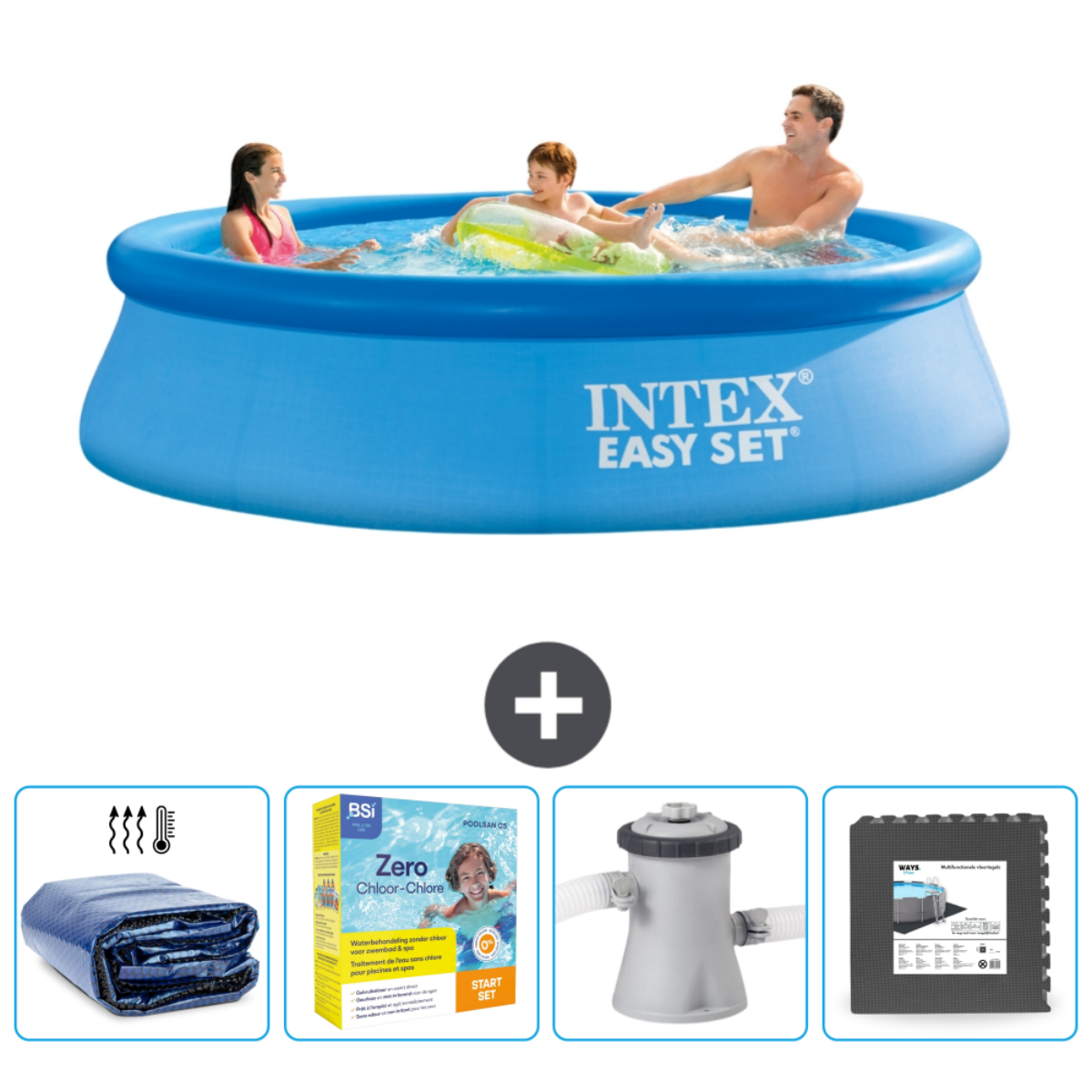 Piscine gonflable bleue avec personnes, accessoires : couverture, chlore, filtre et tapis.