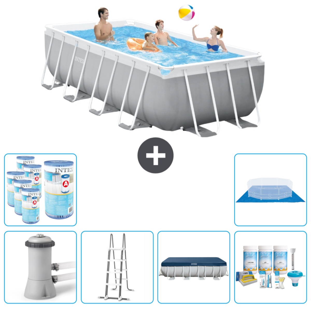 People in a pool, pool accessories, and pool setup components are shown.