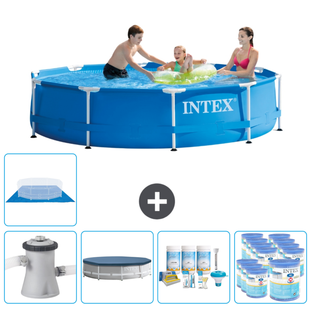 Blue pool with swimmers, a plus sign, and four pool accessory images.