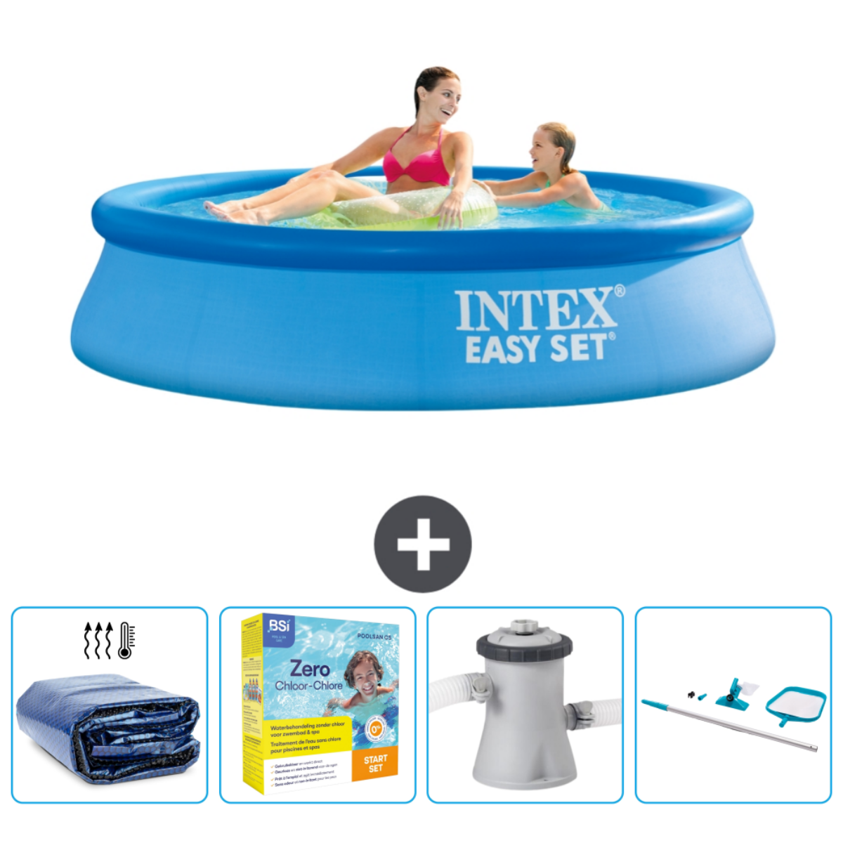 Twee vrouwen in opblaasbaar zwembad, INTEX Easy Set logo. Accessoires rondom.