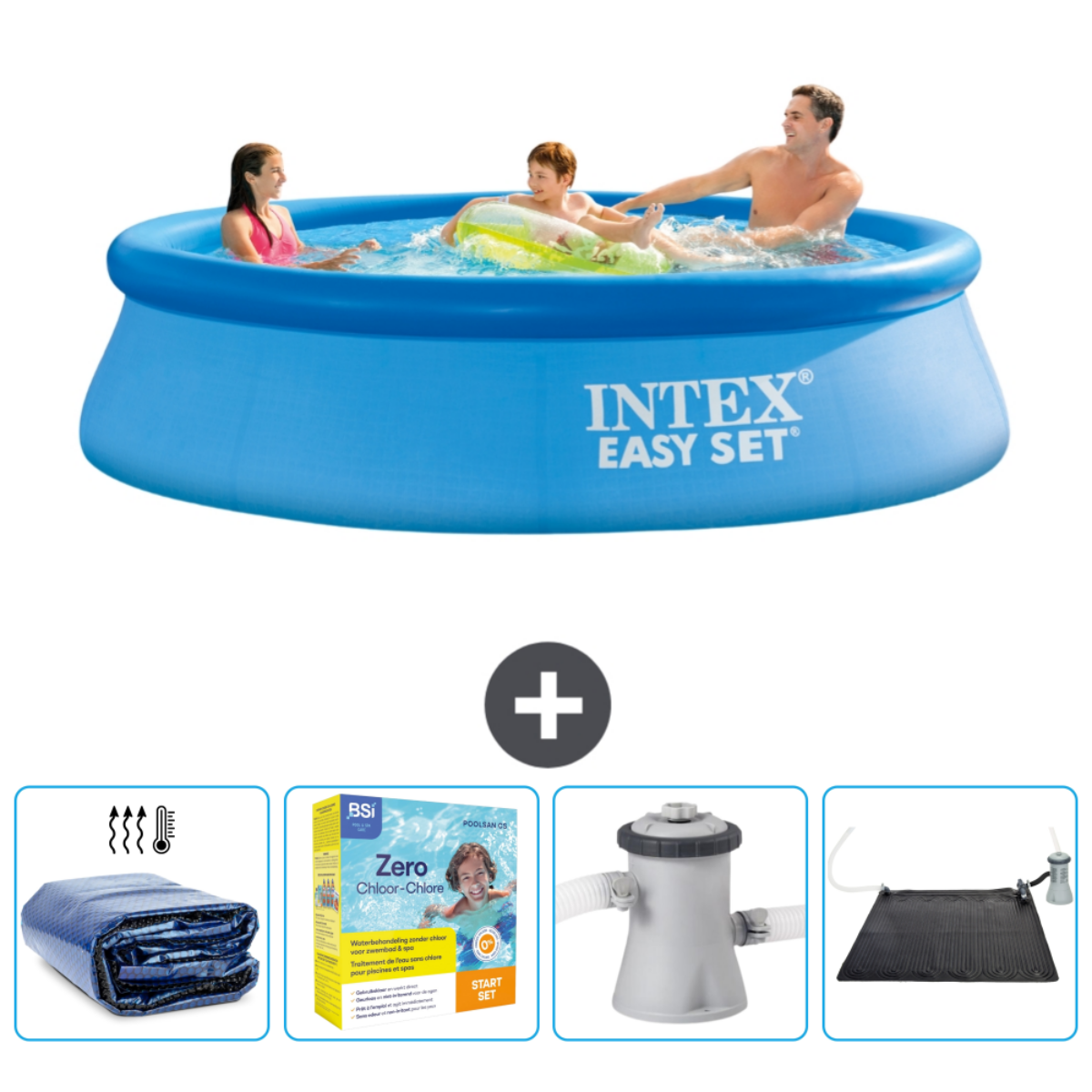 Piscine gonflable bleue avec personnes, accessoires : couverture, chlore, filtre et tapis solaire.