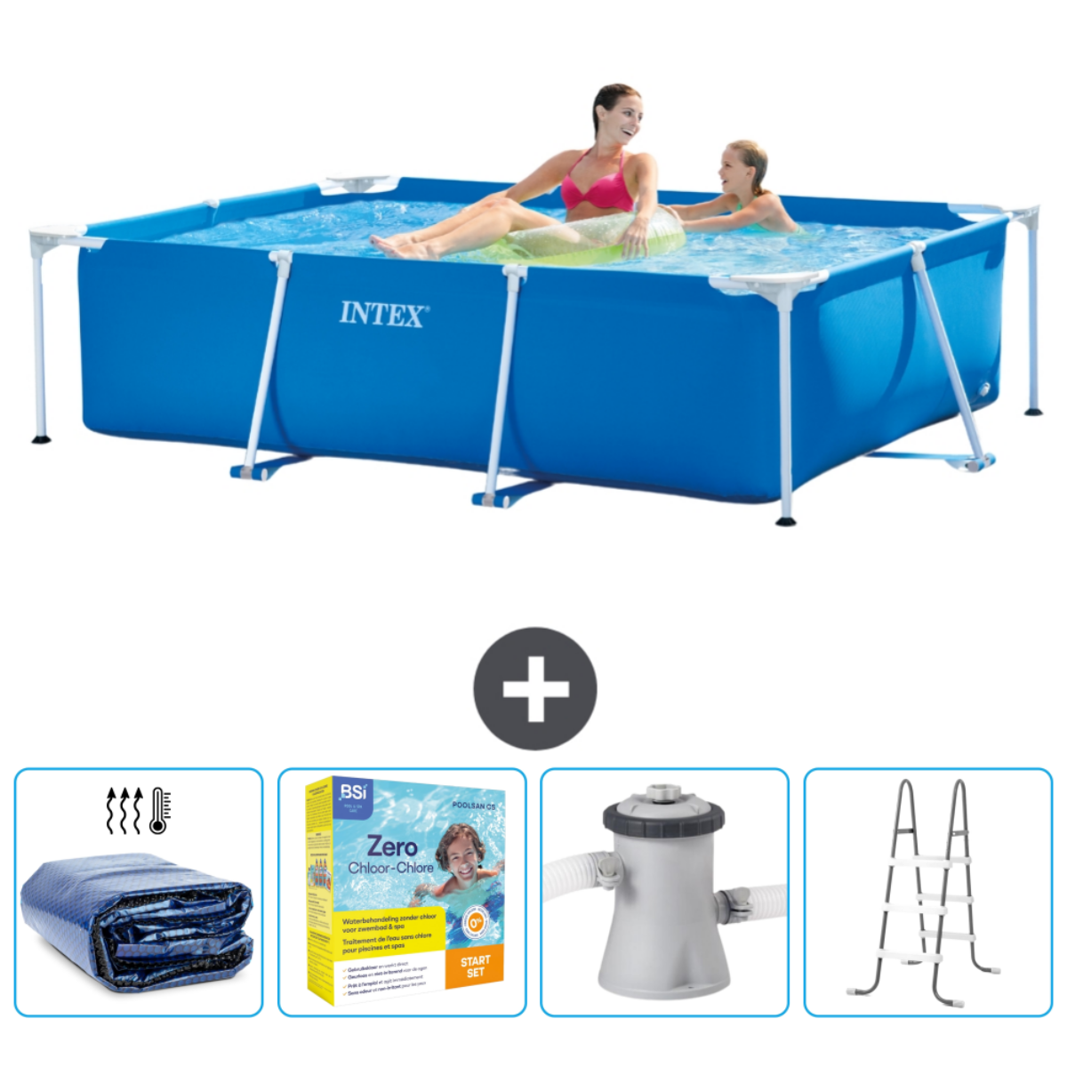 Une piscine rectangulaire bleue avec des gens dedans. Inclut des accessoires: bâche, produits chimiques, pompe et échelle.