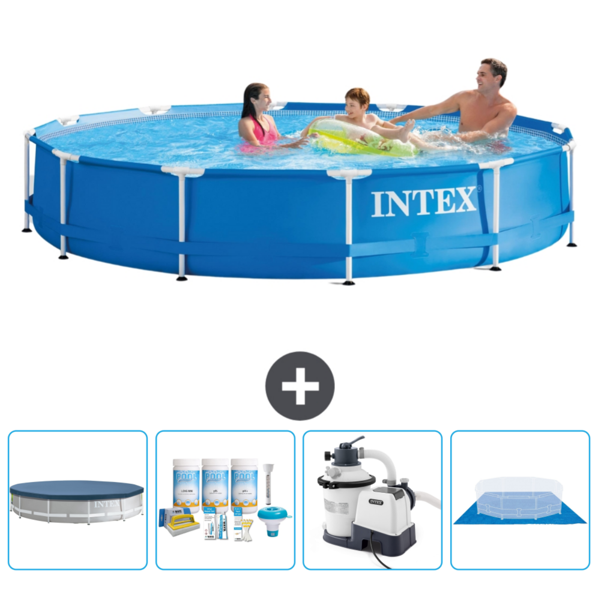 Blue pool with people in it. Accessories: cover, chemicals, pump, and a cover.