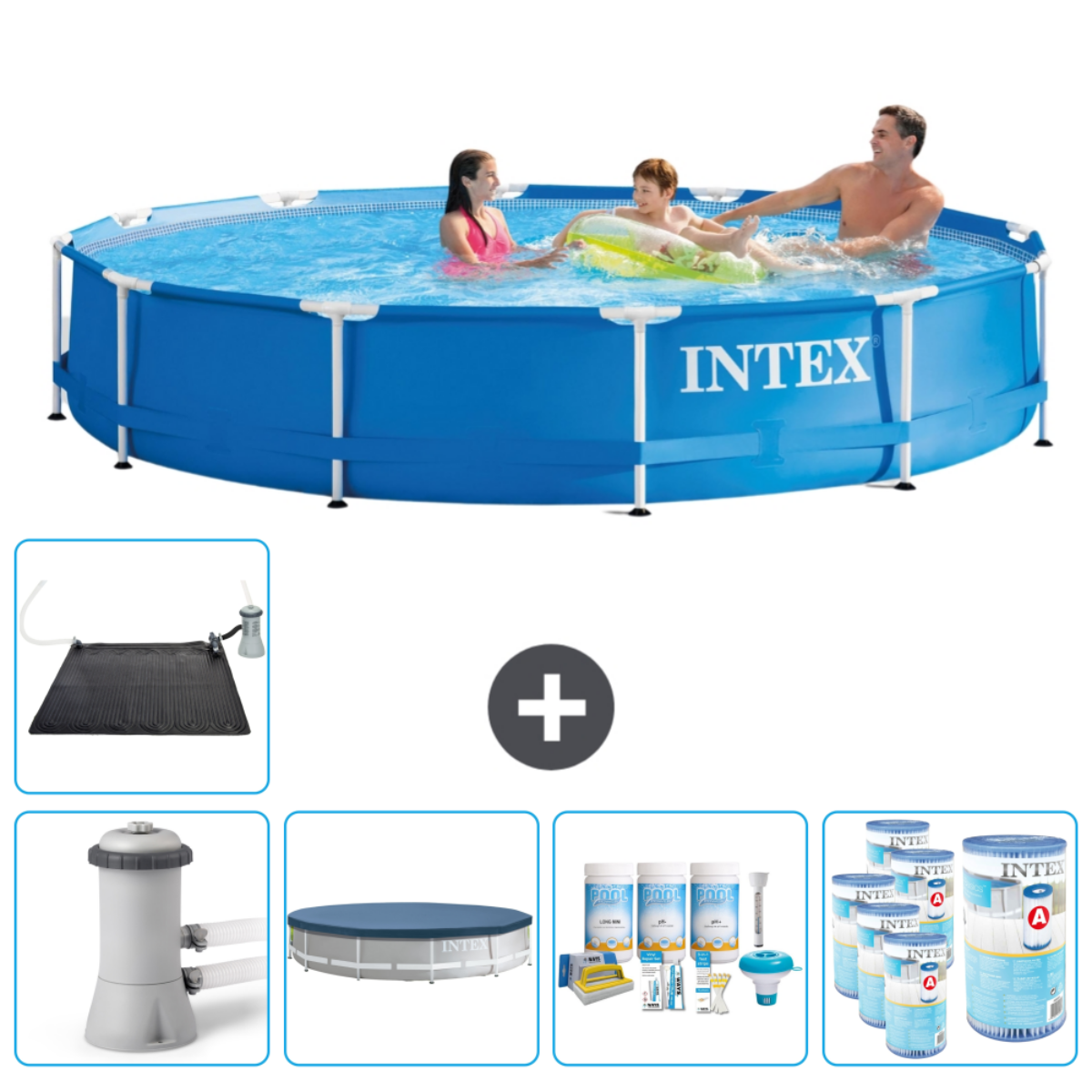 People swimming in a blue pool. Includes cover, chemicals, pump, and cleaning kit.