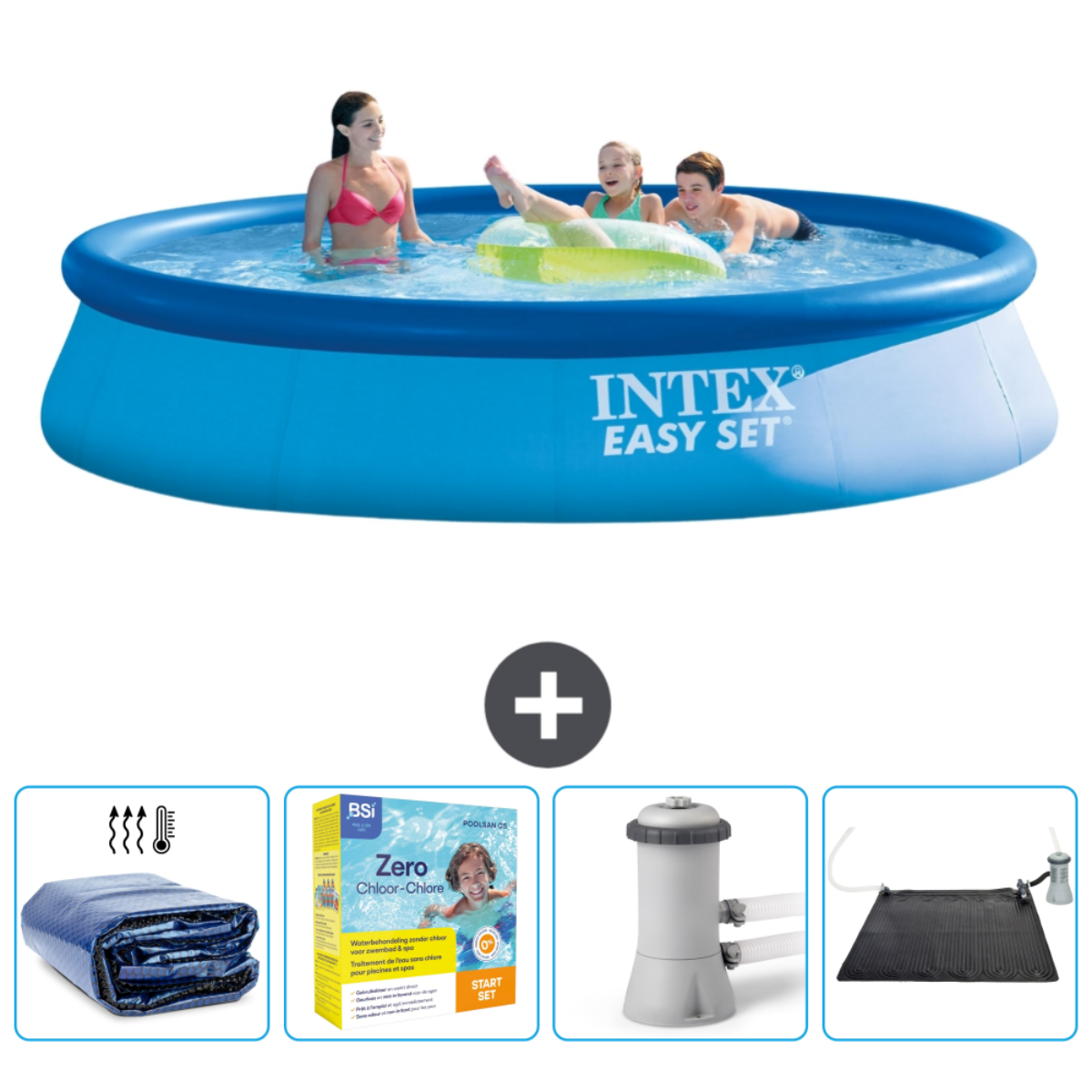 Piscine ronde bleue avec personnes, accessoires incluent couverture, produits chimiques, pompe et tapis solaire.