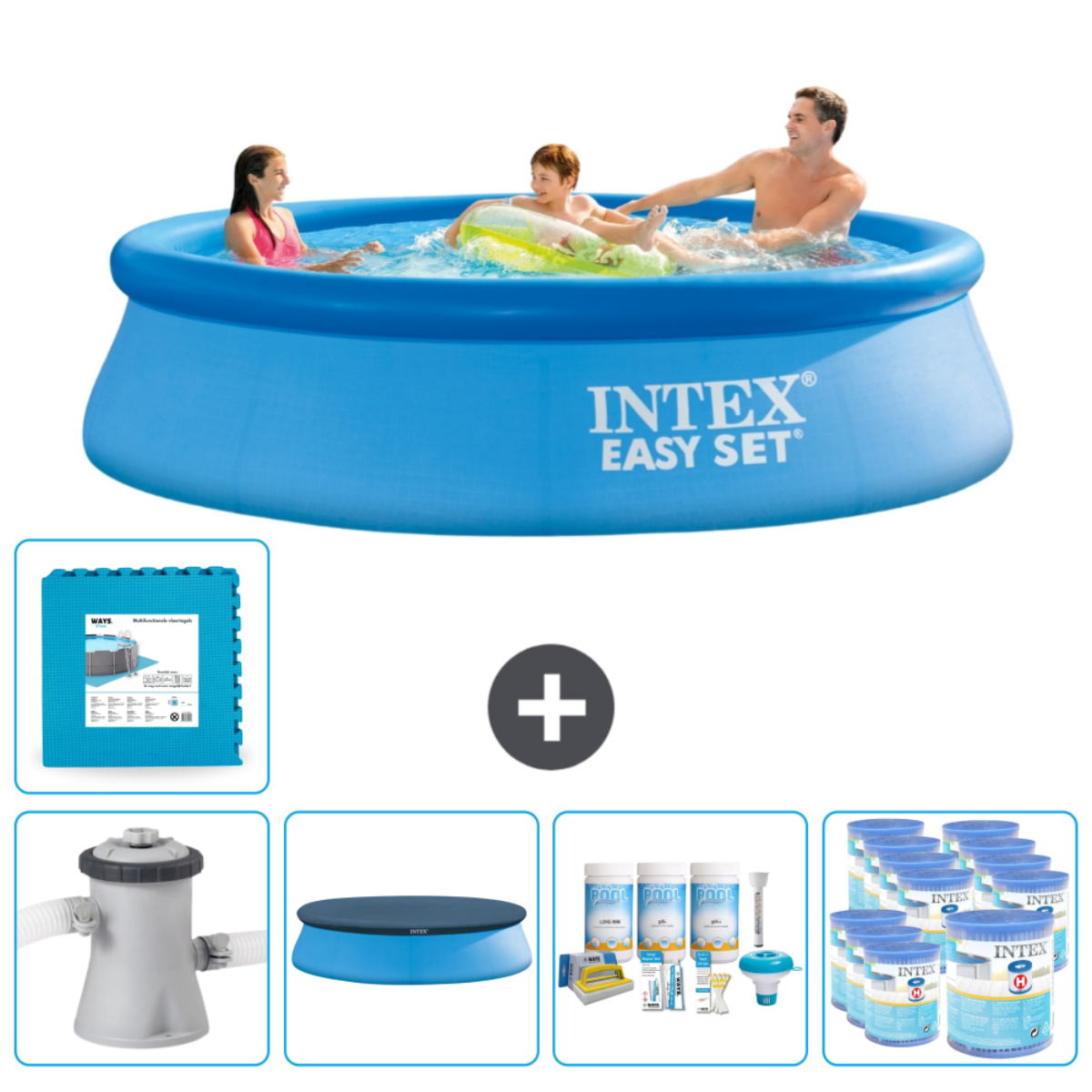 Piscine Easy Set bleue avec baigneurs, accessoires : filtre, bâche, produits et dalles.