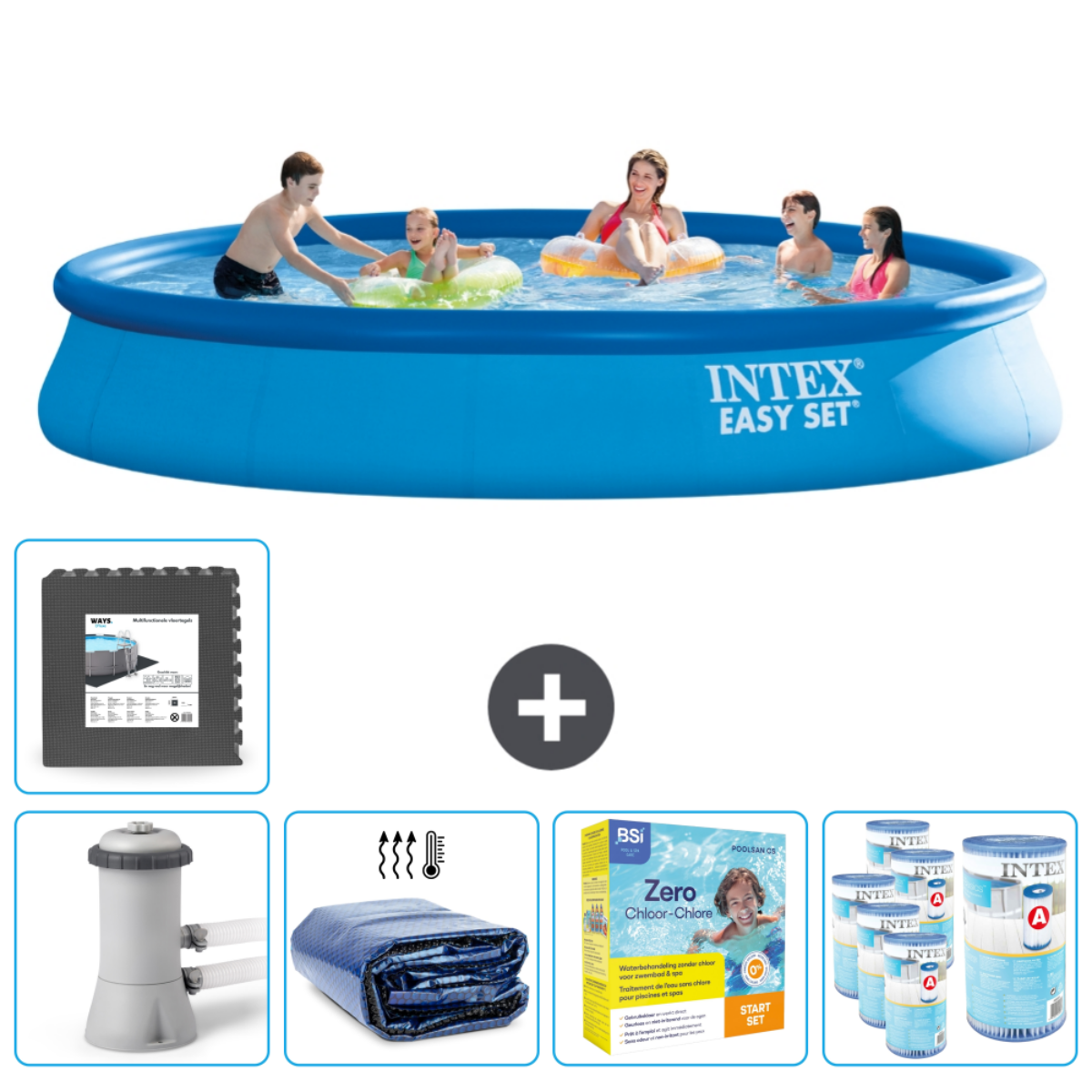 Piscine bleue avec des personnes. Accessoires : filtre, couverture et produits chimiques, montrés avec un signe plus.