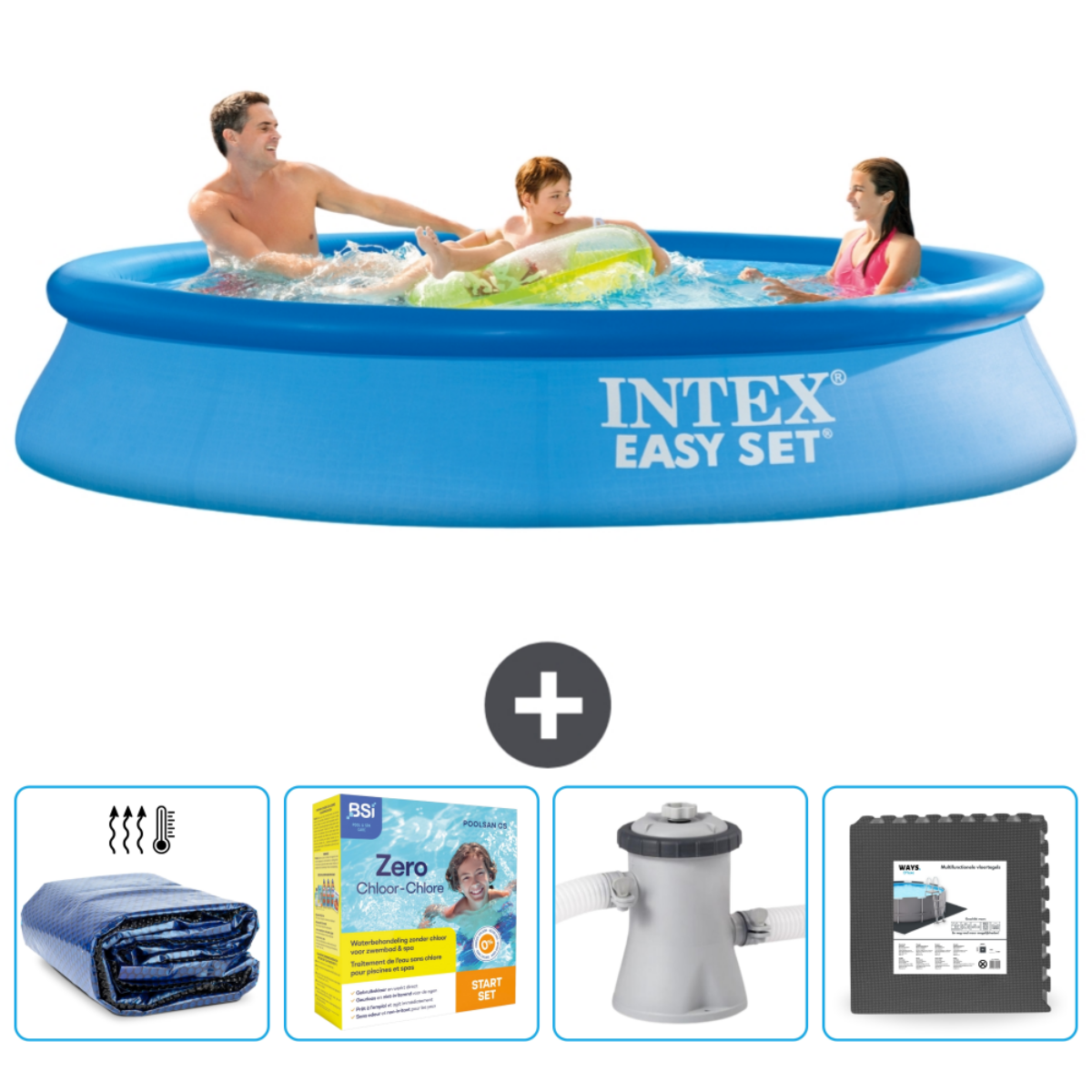 Piscine ronde bleue avec personnes, accessoires en bas. Intex Easy Set.