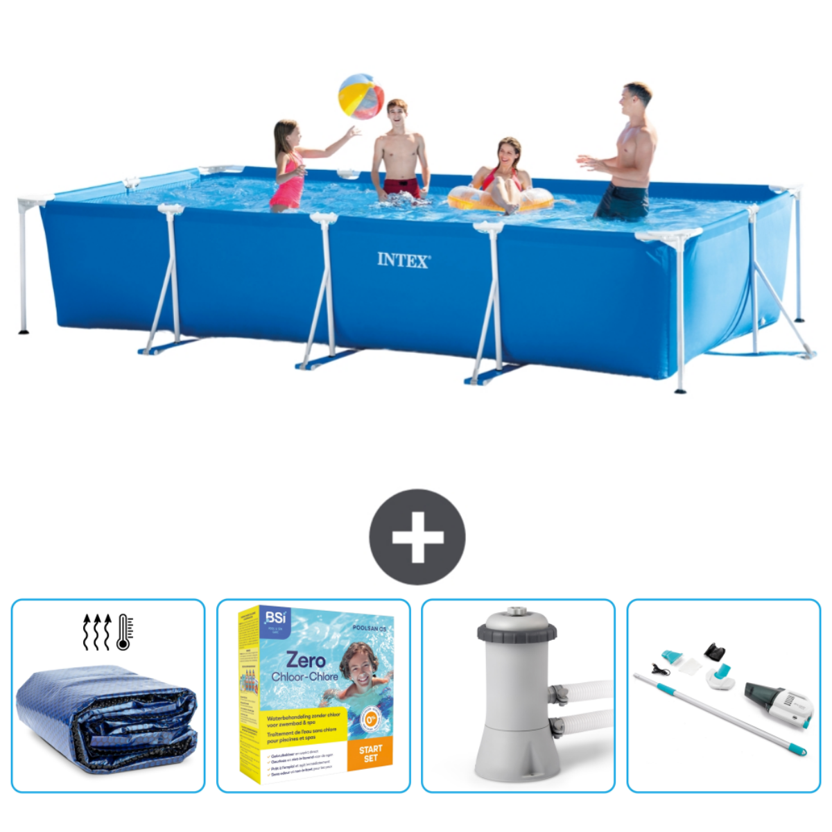 Rechthoekig blauw zwembad met vier personen, zwembadafdekking en schoonmaakspullen.