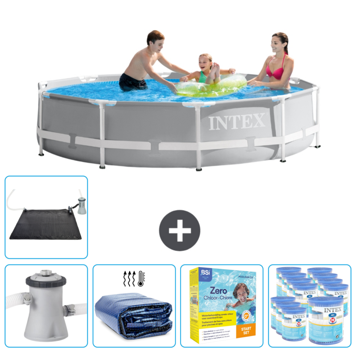 Family in gray pool with INTEX logo, accessories around. People and accessories.
