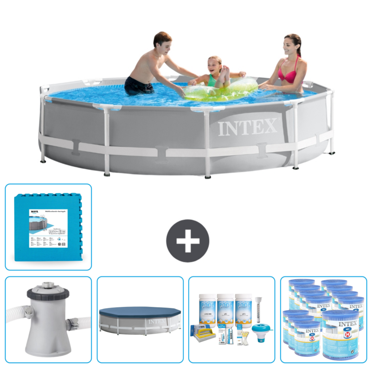 Personnes dans piscine ronde. Accessoires : tapis en mousse, filtre, couverture, produits chimiques, accessoires.