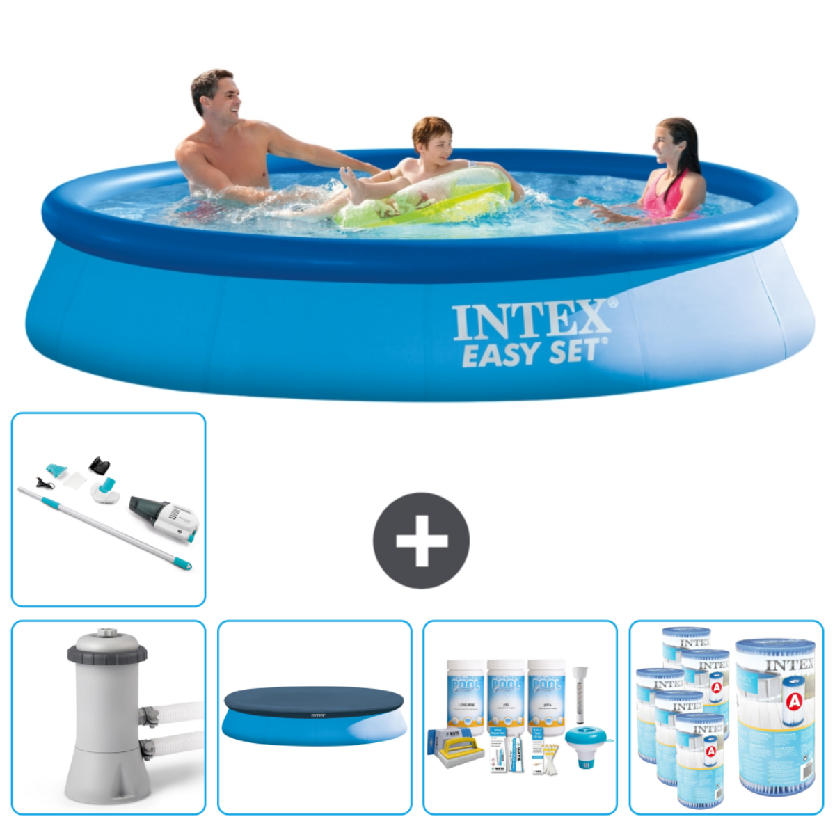 Trois personnes dans une piscine bleue avec accessoires. La piscine est ronde avec la marque INTEXT EASY SET.