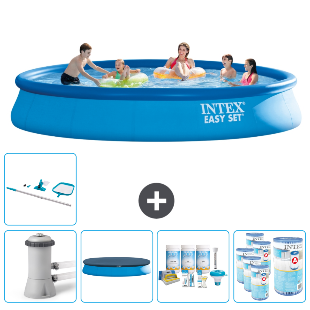Family in blue Intex Easy Set pool. Includes a skimmer, filter, cover, chemicals.
