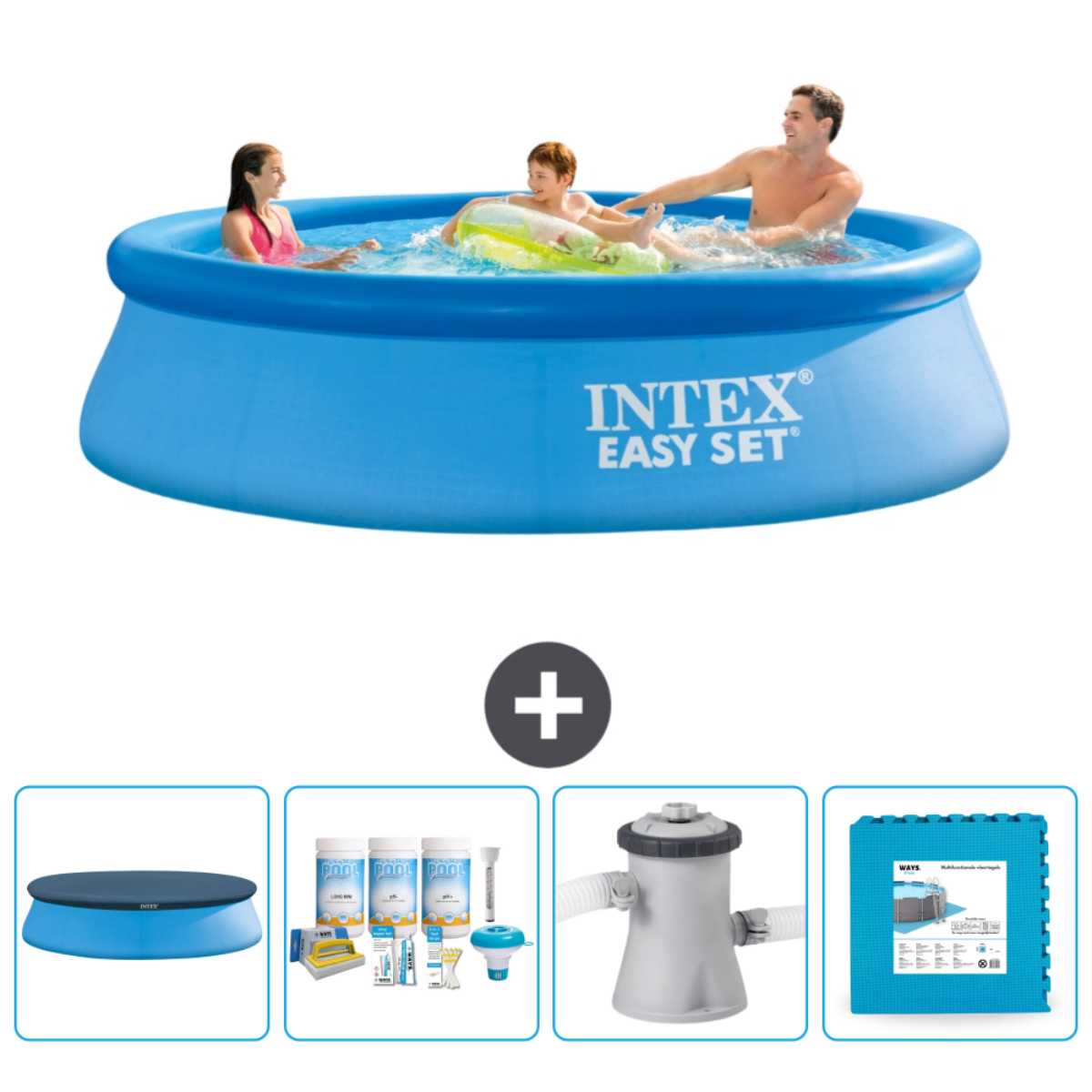Mensen in een blauw Intex-zwembad met accessoires.