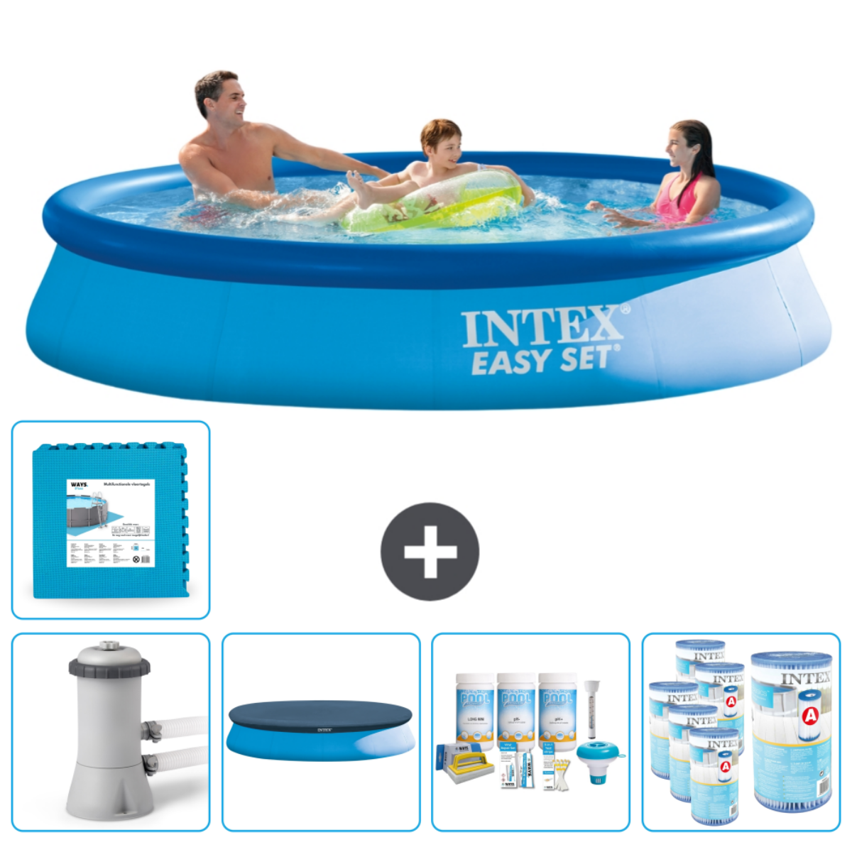 Une piscine ronde bleue avec trois personnes à l'intérieur. Accessoires également.