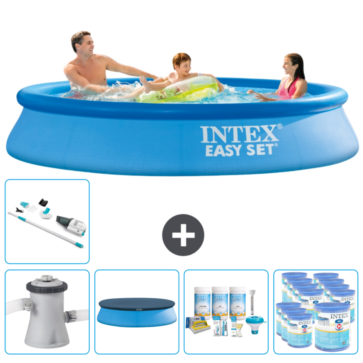 Piscine gonflable bleue avec personnes. Accessoires : pompe, produits chimiques, couverture, échelle.