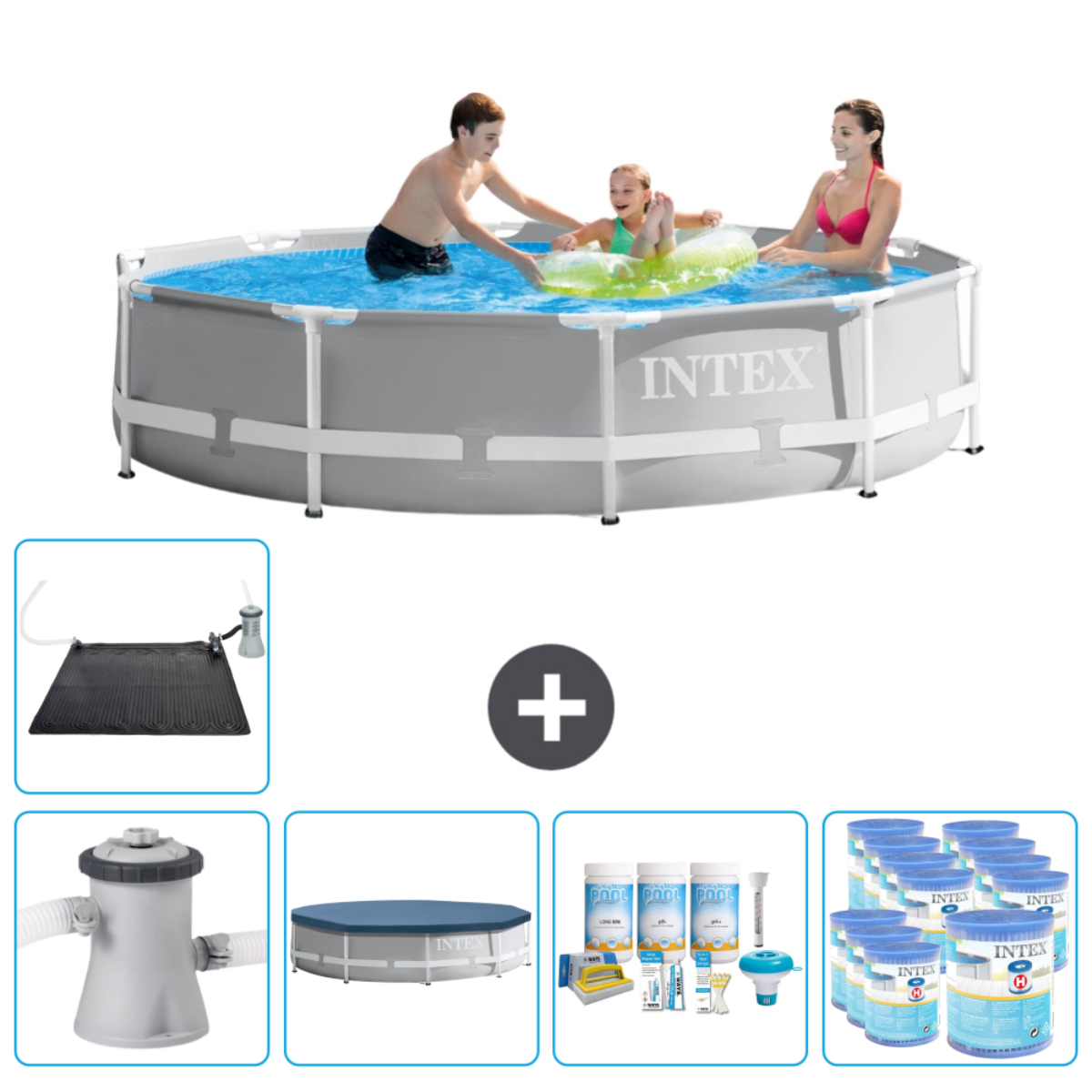 Piscine rectangulaire grise avec personnes, accessoires incluent couverture, produits chimiques, pompe et tapis solaire.