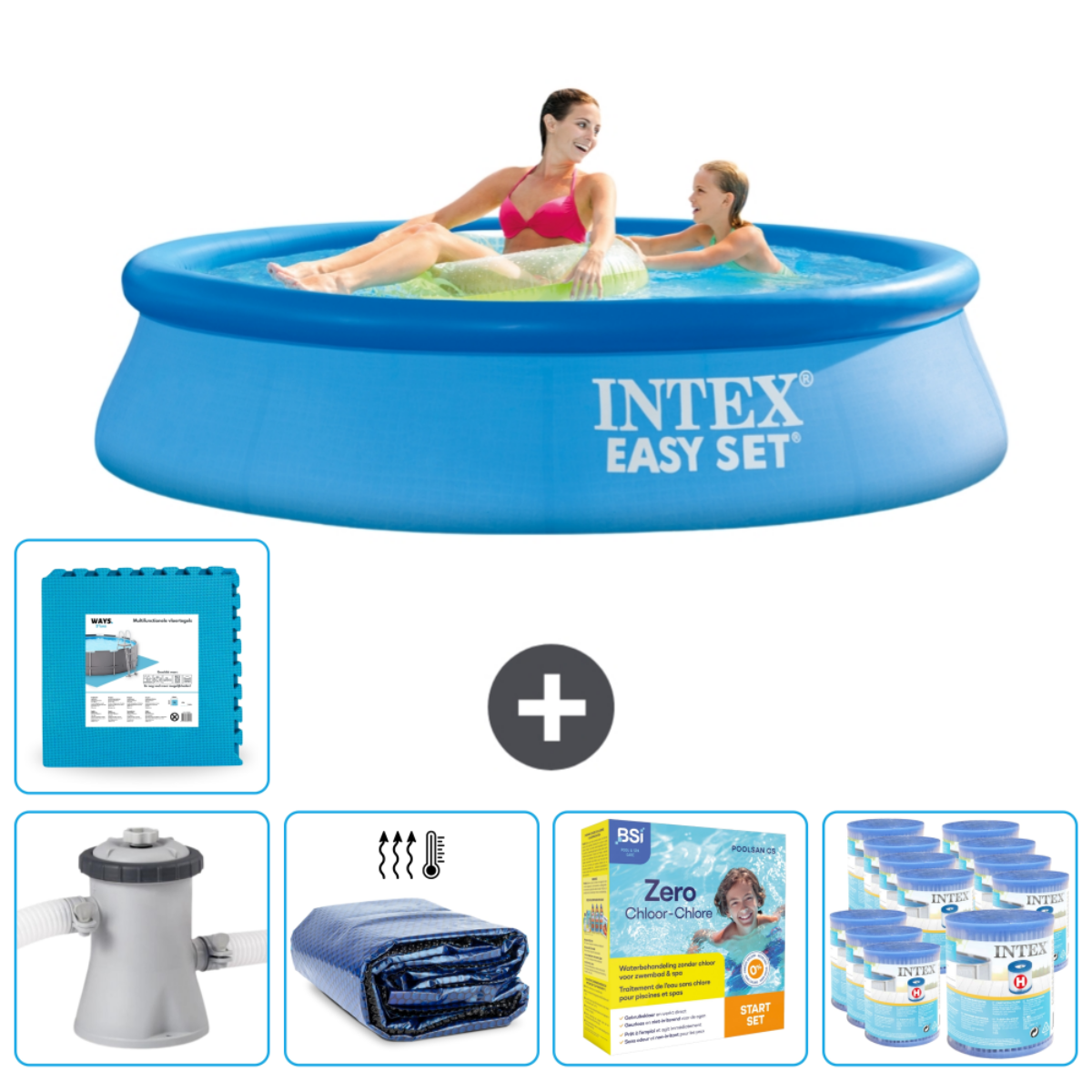 Piscine gonflable bleue avec personnes. Accessoires : tapis, pompe, couverture, produits, échelle.