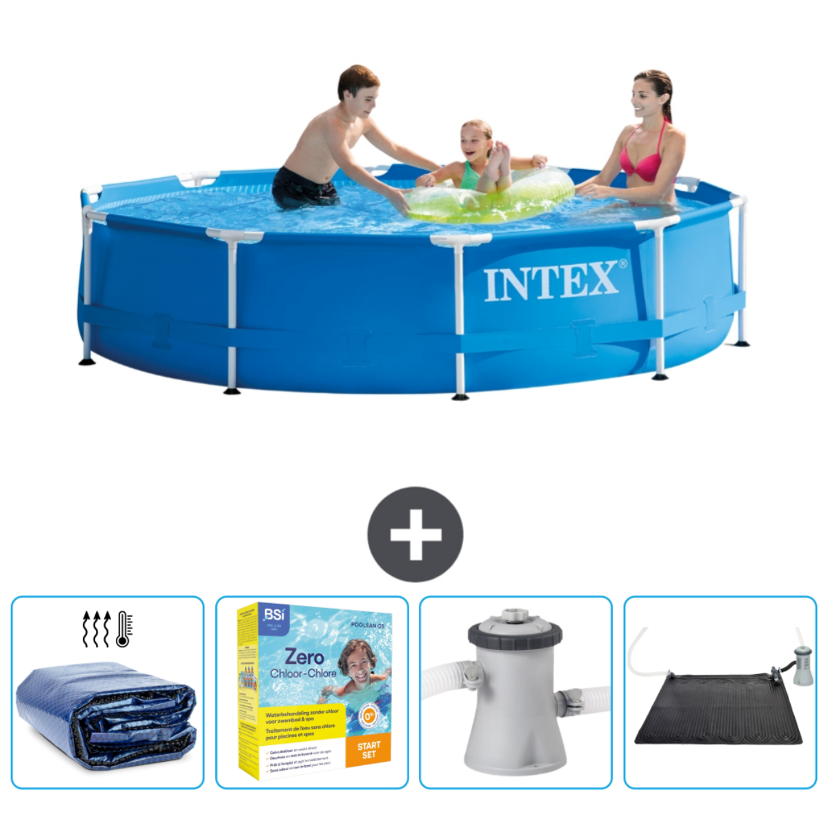 Blue Intex pool with three people, plus accessories like a cover and a filter.
