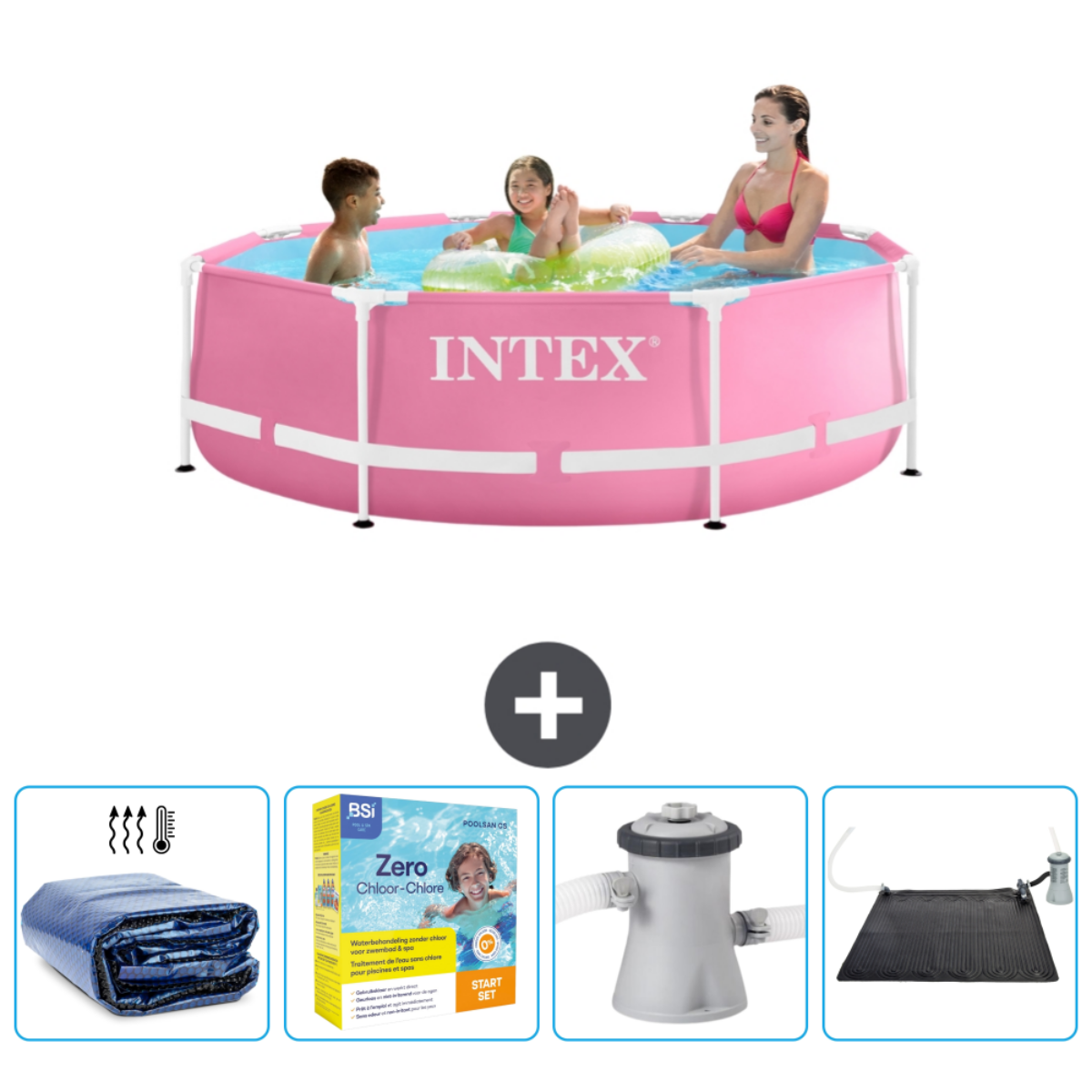 Pink rectangular pool with people, accessories include cover, chemicals, pump, and solar mat.