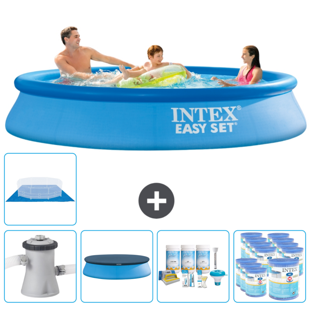 Familie in blauw Intex Easy Set zwembad. Inclusief skimmer, filter, afdekzeil en chemicaliën.