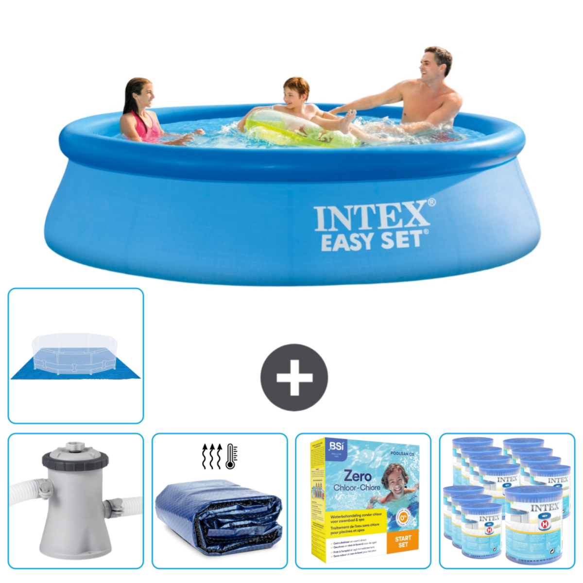 Family in a blue pool with accessories. In the background, equipment and cover.