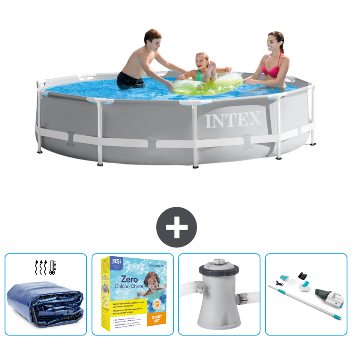 Three people in gray pool. Round gray pool, white frame. Accessories: cover, chemicals, filter, and cleaning tool.
