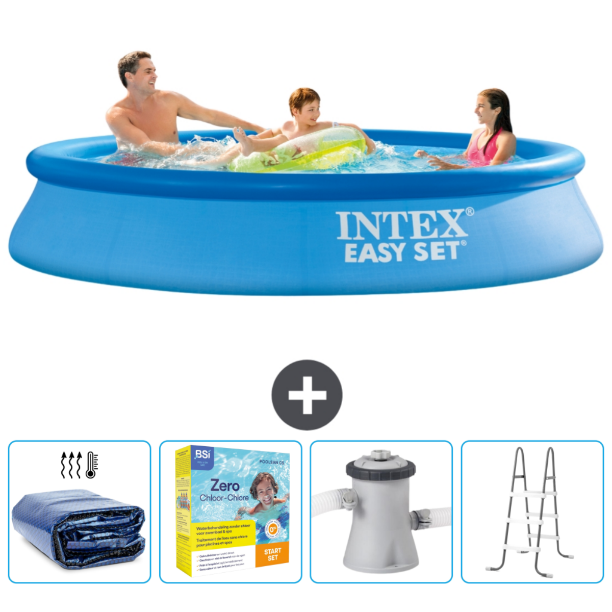 Piscine ronde bleue avec personnes, accessoires en bas. Intex Easy Set.
