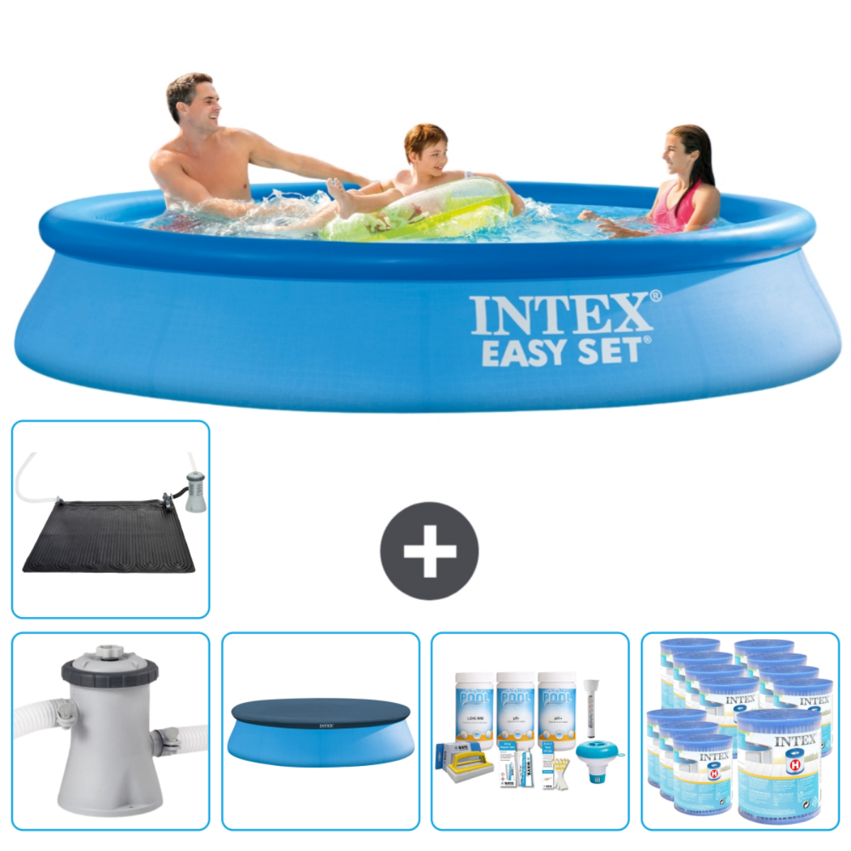 Familie in blauw zwembad met INTEX EASY SET logo, accessoires eromheen.