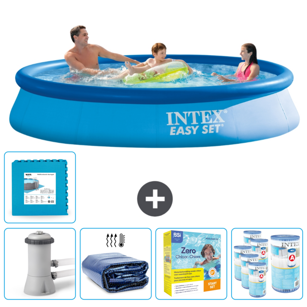 Personnes dans piscine bleue. Comprend tapis en mousse, filtre, chauffage, produits chimiques et accessoires.