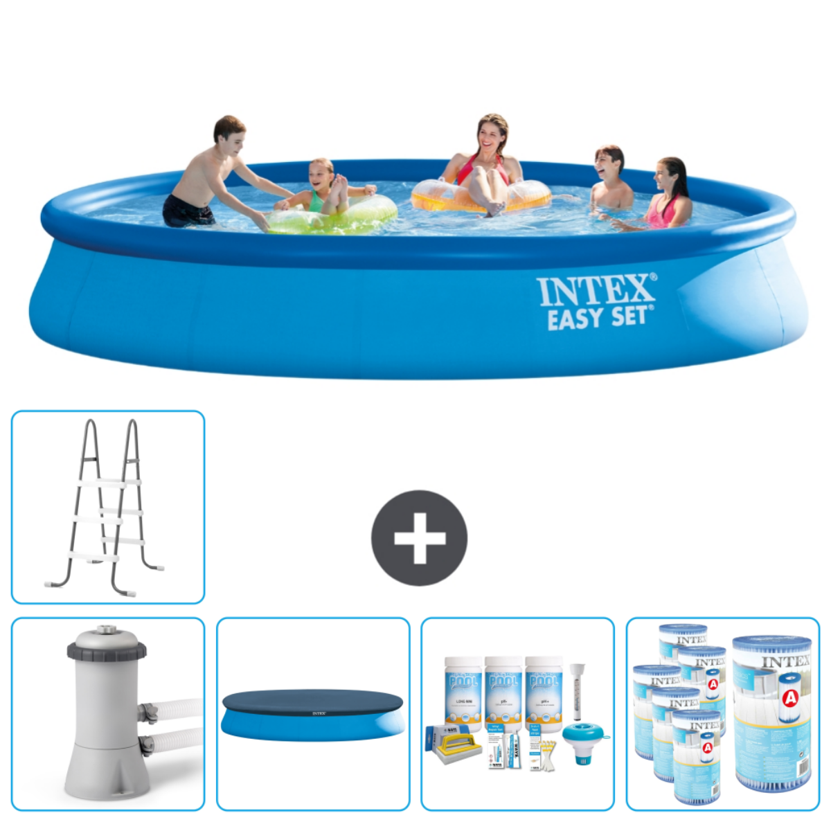 Des personnes dans une piscine Intex bleue avec des accessoires et une échelle.