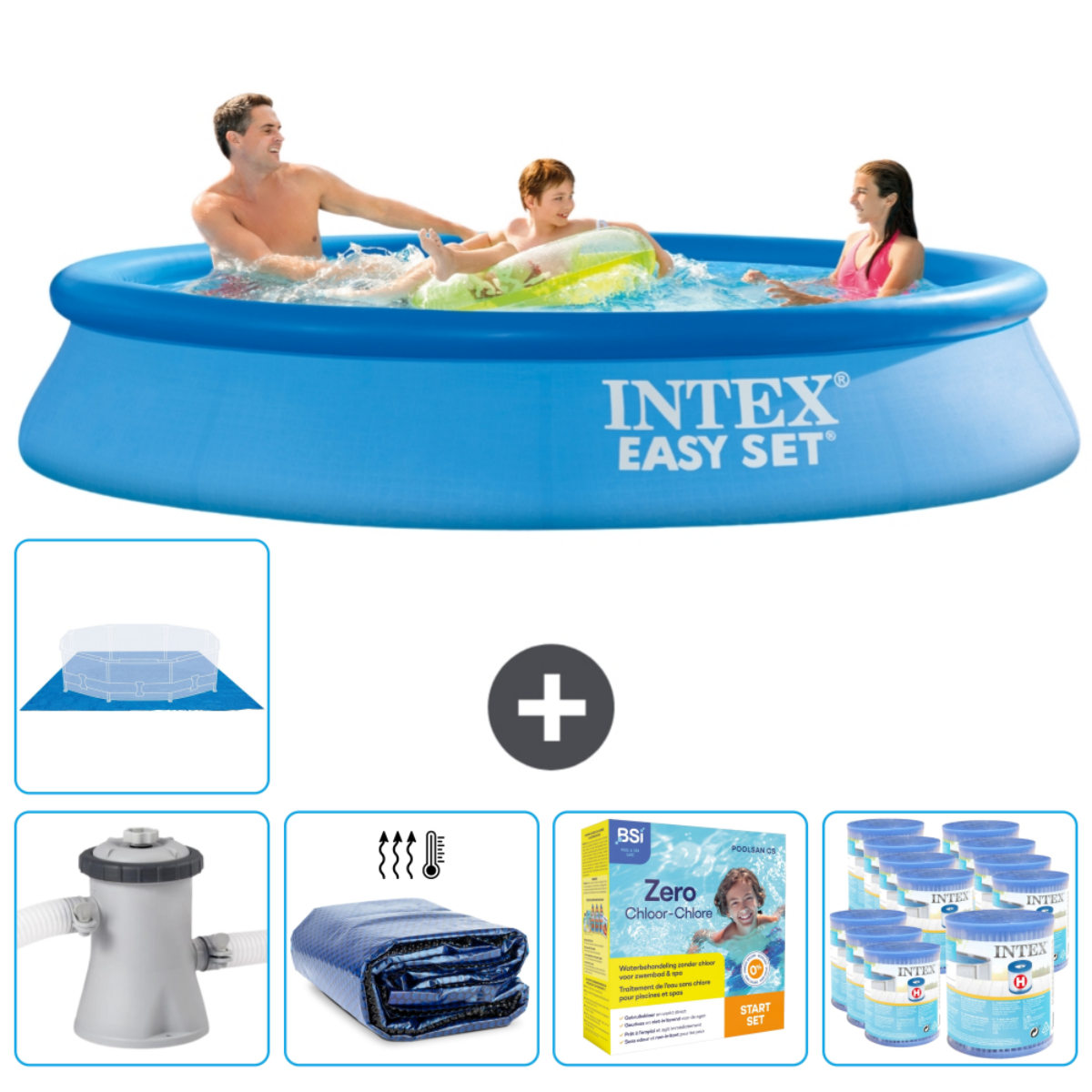 Three people in blue pool. Round blue pool, white frame. Accessories: cover, filter, chemicals, and other.