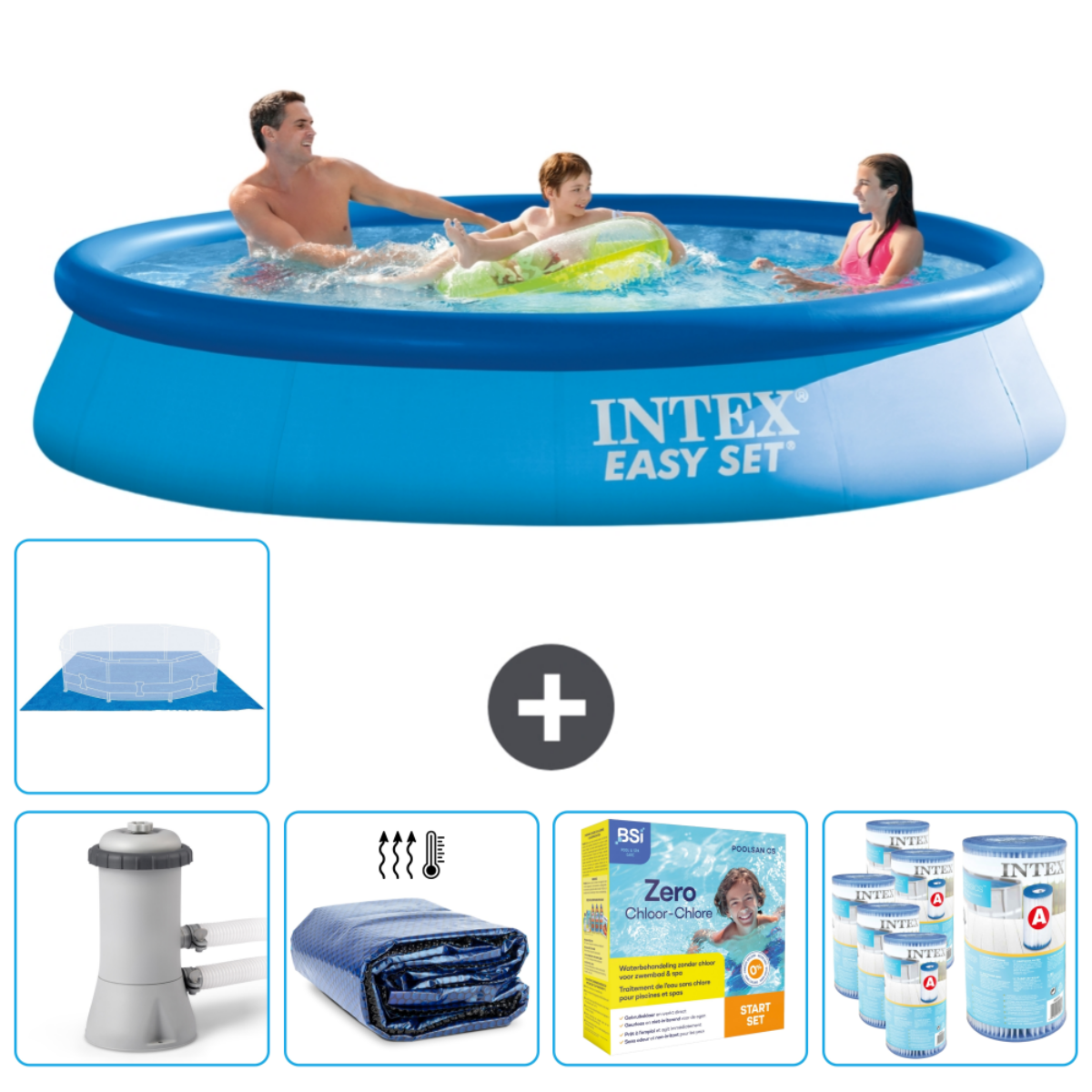 Rond blauw zwembad met mensen, accessoires onderaan. Intex Easy Set.