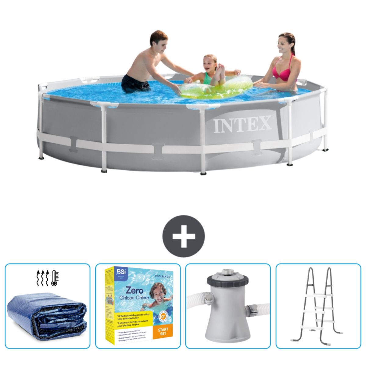 People in a round pool. Accessories: cover, chemicals, filter, heater, and ladder.