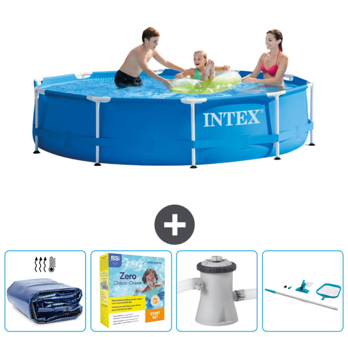 Familie in blauw zwembad met INTEX-logo, accessoires eromheen. Mensen en accessoires.
