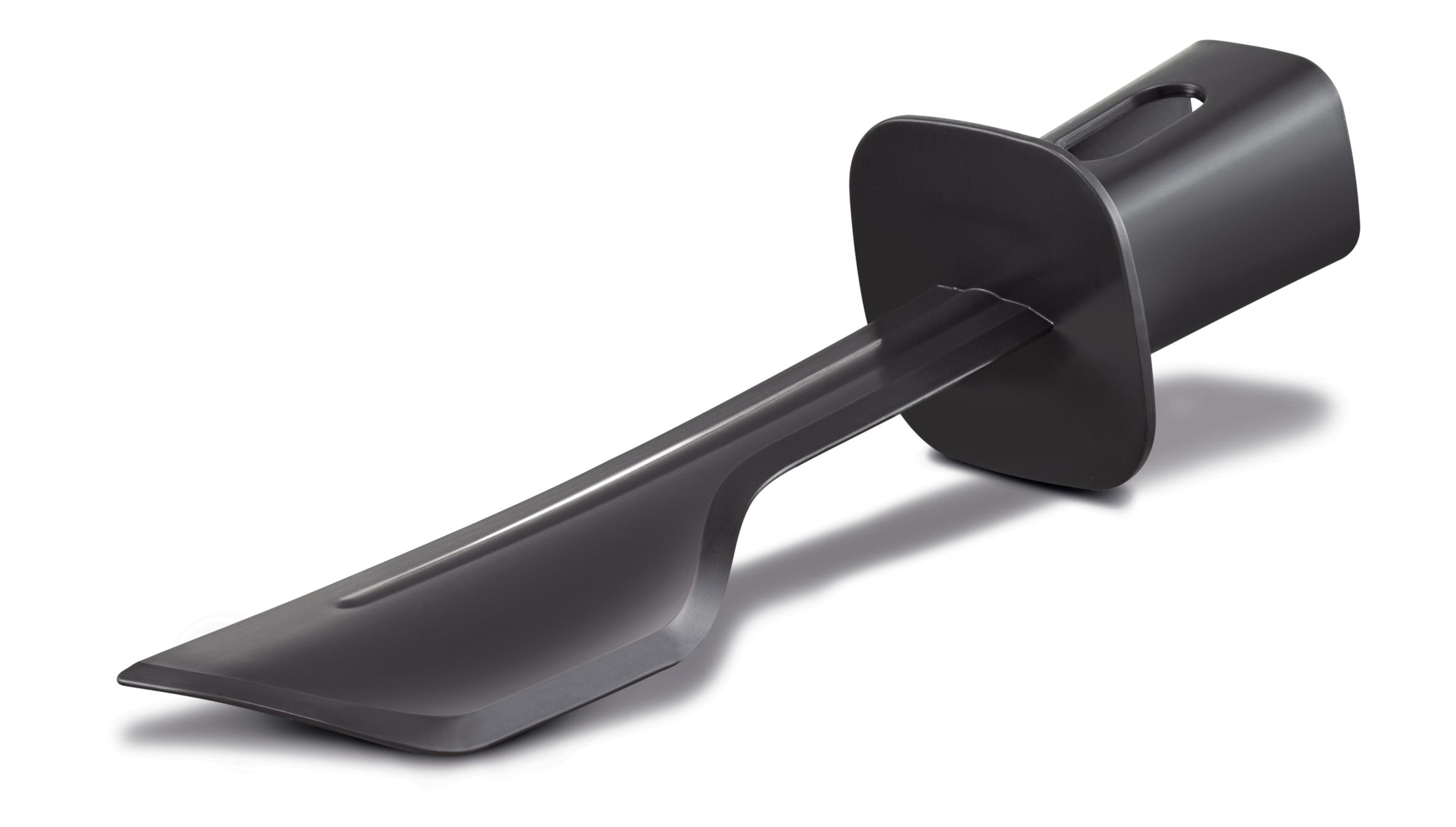 Czarna szpatułka z uchwytem i płaskim, kątowym ostrzem.