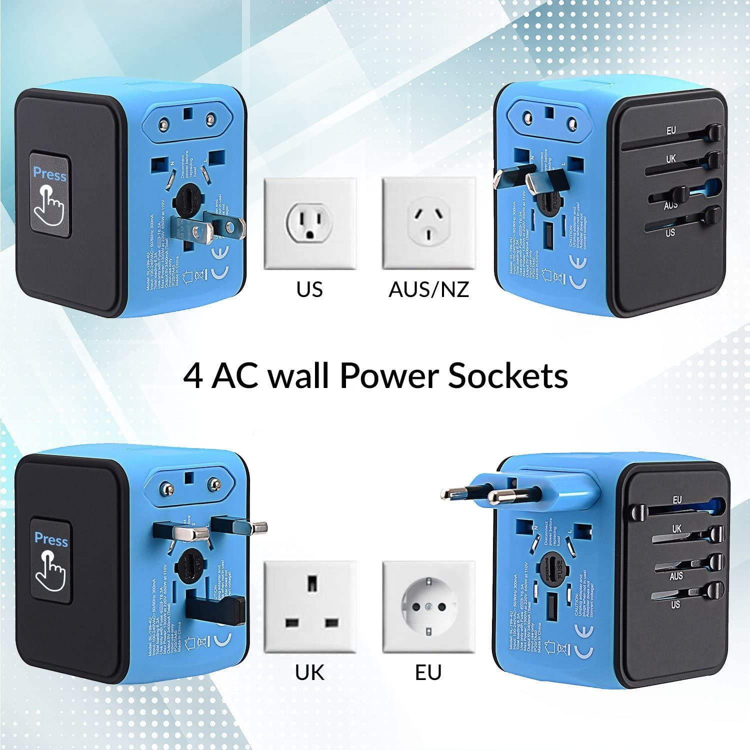 Mehrere Reiseadapter mit verschiedenen Stecker-Konfigurationen, beschriftet US, AUS/NZ, UK, EU.