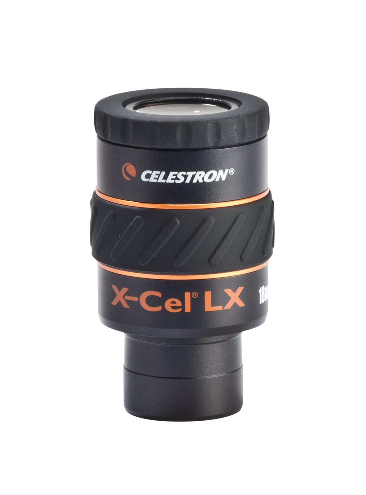 Schwarz-oranges Celestron LX 10mm Okular. Mit Celestron- und X-Cel LX-Marken.