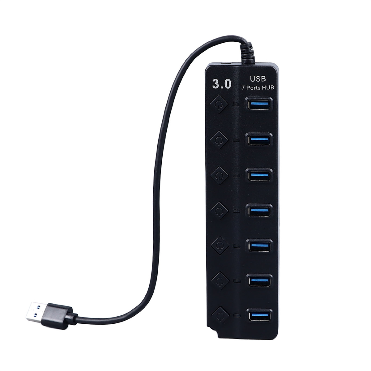 Schwarzer USB 3.0 7-Port-Hub mit Kabel und Stecker.