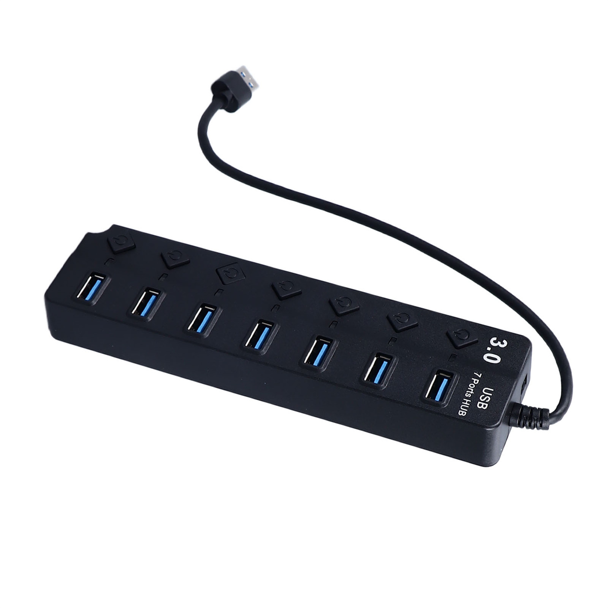 Schwarzer USB-Hub mit 7 Anschlüssen und schwarzem Kabel. Weißer Hintergrund.
