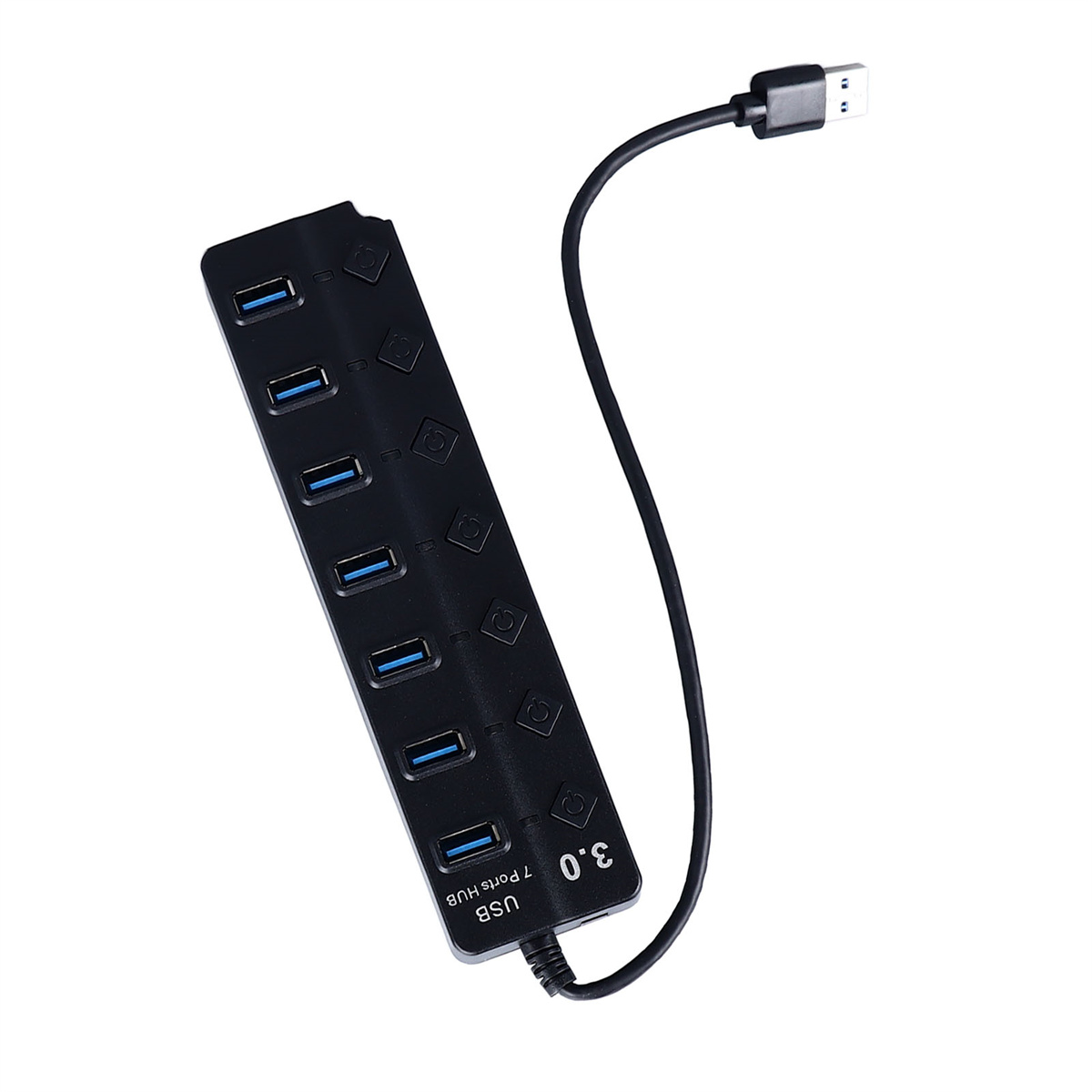 Ein schwarzer USB 3.0-Hub mit sieben Anschlüssen. Das Kabel ist an den Hub angeschlossen und hat einen USB-Anschluss.