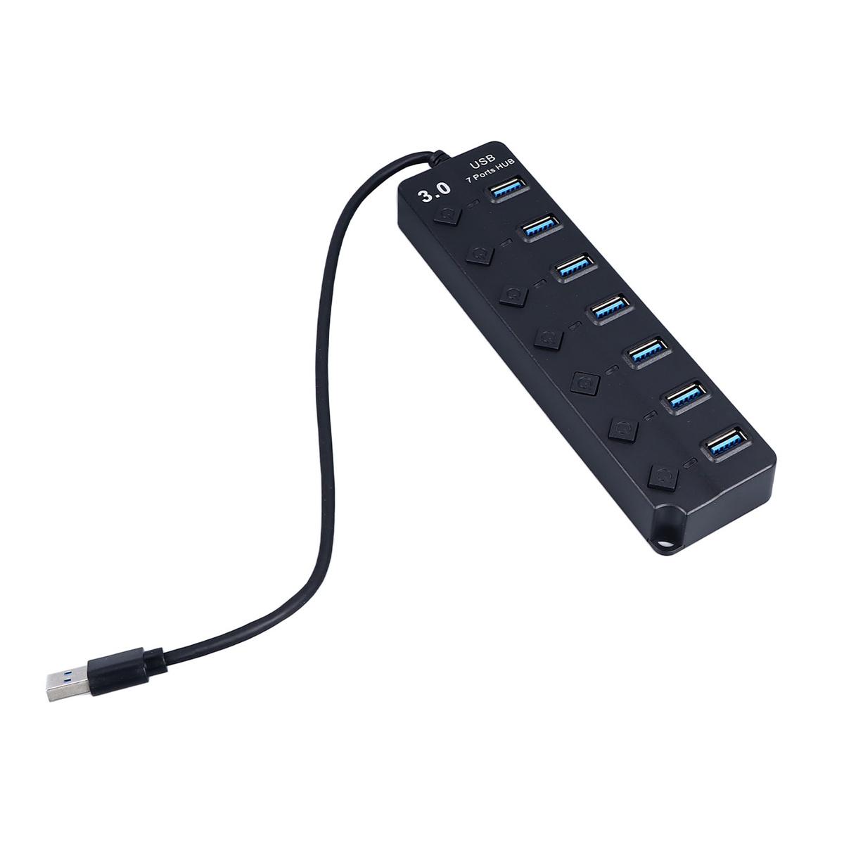 Schwarzer USB 3.0 7-Port-Hub mit angeschlossenem schwarzen USB-Kabel auf weißem Grund.