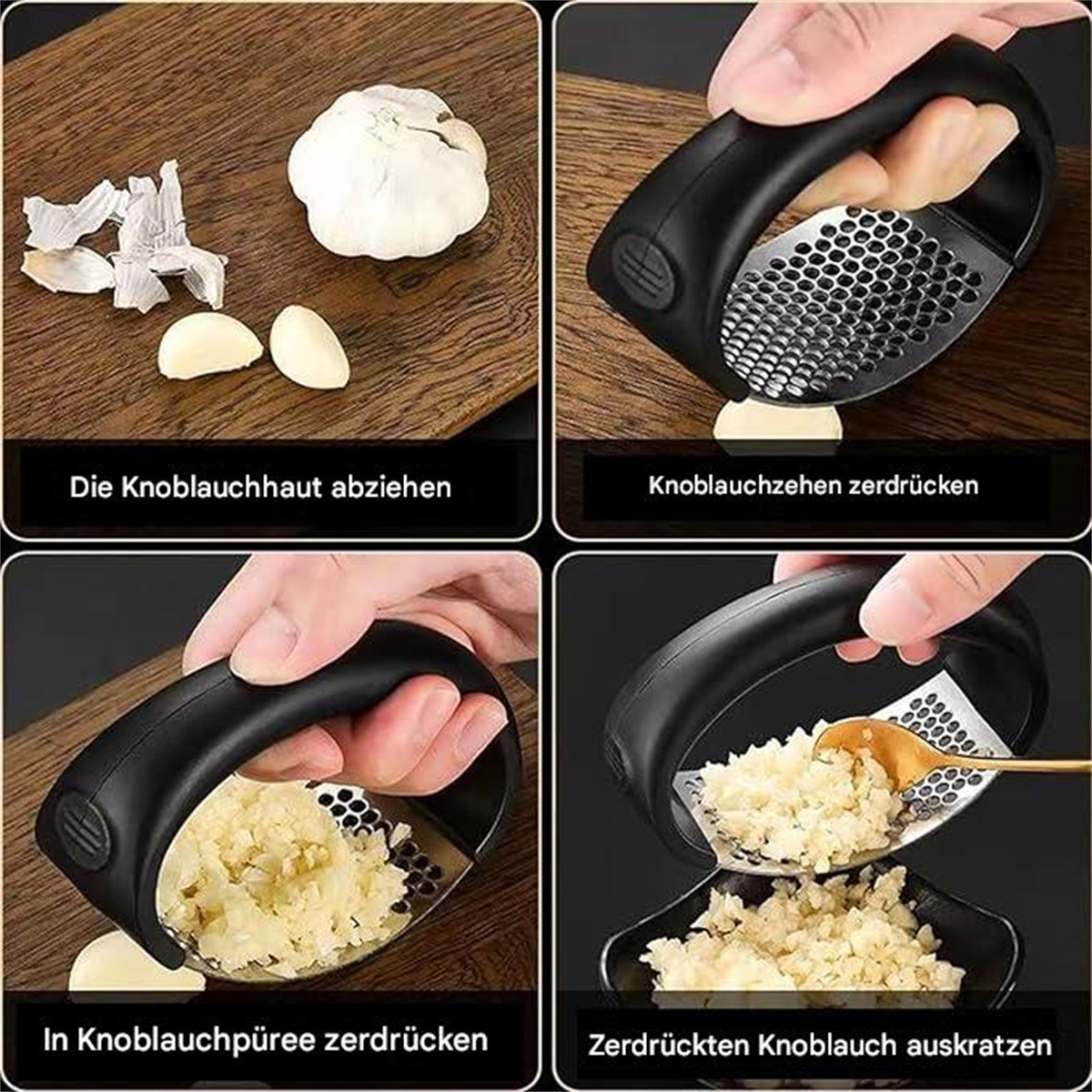Schritte zur Verwendung einer Knoblauchpresse. Enthält Schälen, Zerdrücken, Pressen und Auskratzen.