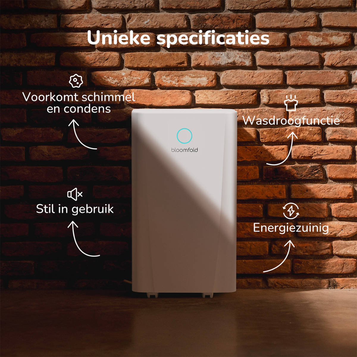 Weißer Luftreiniger. Text-Overlay beschreibt Funktionen: Schimmelvorbeugung, leiser Betrieb, energieeffizient.