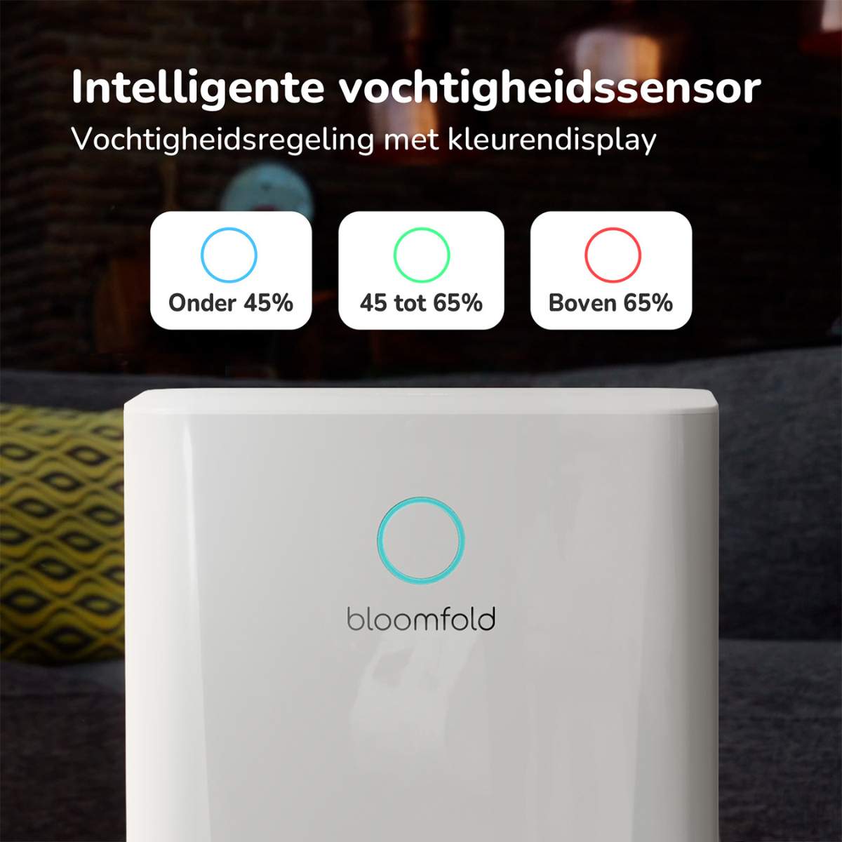 Ein weißes Gerät mit farbigen Kreisen und Text über die Luftfeuchtigkeit.